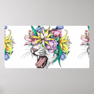 Cute cartoon wild cat head in a floral wreath. Bea Poster