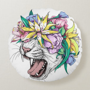 Cute cartoon wild cat head in a floral wreath. Bea Round Pillow