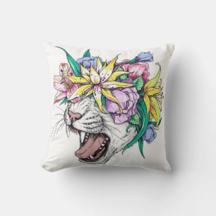 Cute cartoon wild cat head in a floral wreath. Bea Throw Pillow