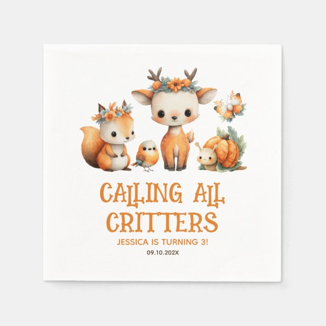 Cute Cartoon Woodland Animals Fall Kids' Birthday  Napkin (Front)