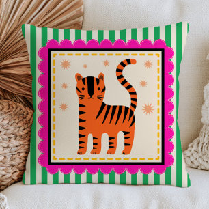 Cute Cartoony Tiger on Green Stripes Colourful Throw Pillow