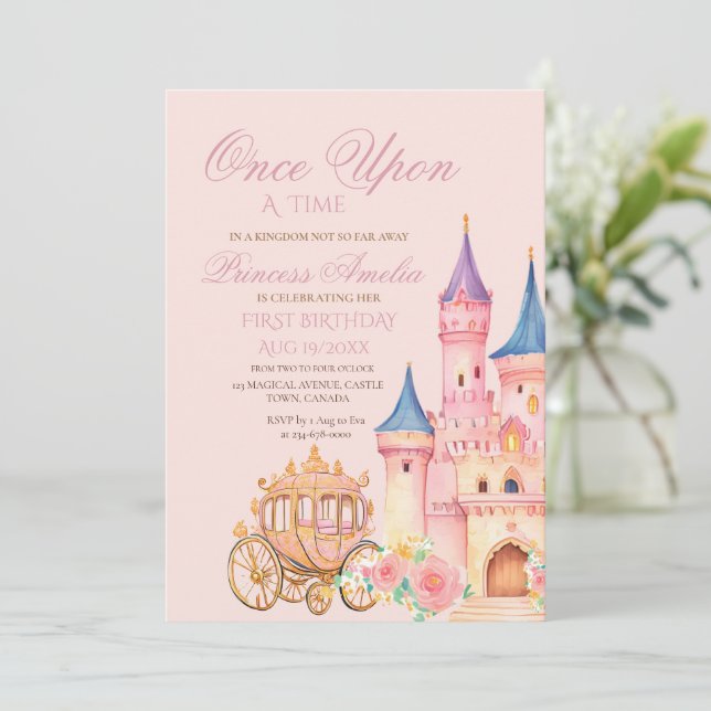 Cute Castle Princess 1st Girl Birthday Invitation (Standing Front)