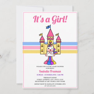 Cute Castle Rainbow White Unicorn Baby Shower Invitation