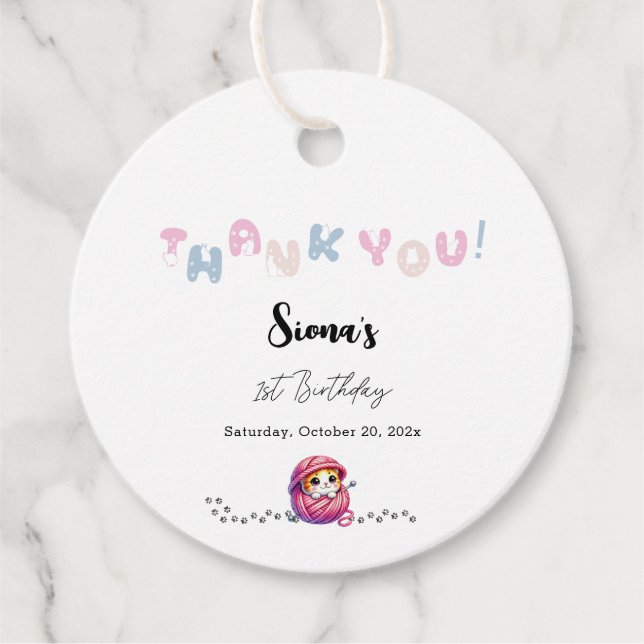 Cute Cat 1st Birthday Favour Tags (Front)