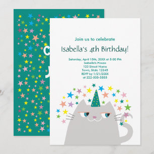 Cute Cat 4th Birthday Invitation Girl Party