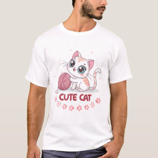 Cute Cat – Adorable Kawaii Yarn Play Design T-Shirt