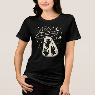 Cute Cat Alien UFO Abduction Cartoon Graphic Tri-Blend Shirt