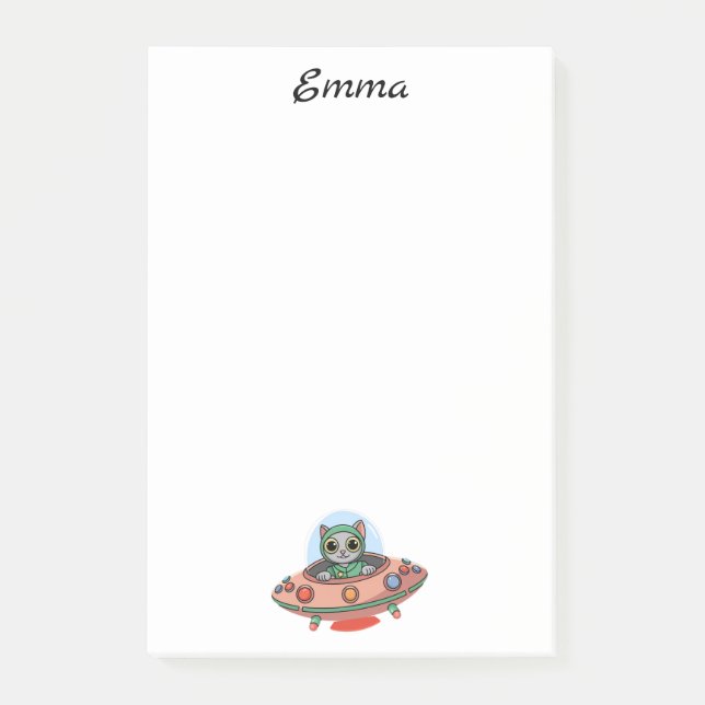 Cute Cat alien & UFO spaceship, Custom Name Post-it Notes (Front)
