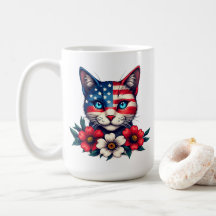 Cute Cat American Flag and Red Flowers Patriotic