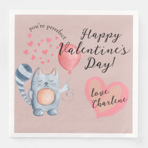 Cute Cat and Balloon Valentine's Day Napkin
