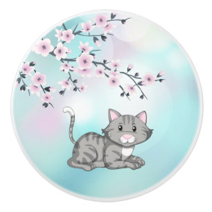 Cute Cat and Cherry Blossoms Turquoise Bokeh  Cera Ceramic Knob