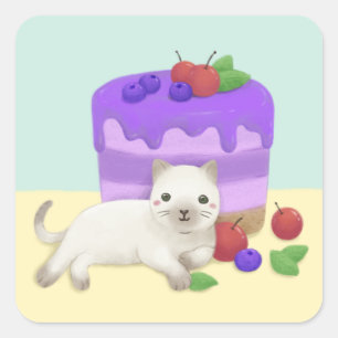 Cute Cat and Dessert Illustration Art Square Sticker