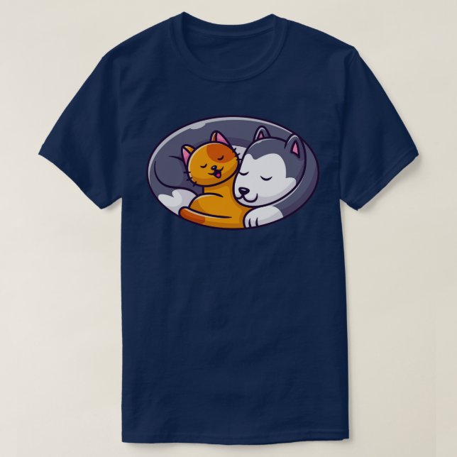 Cute Cat And Dog Sleeping Logo T-Shirt (Design Front)