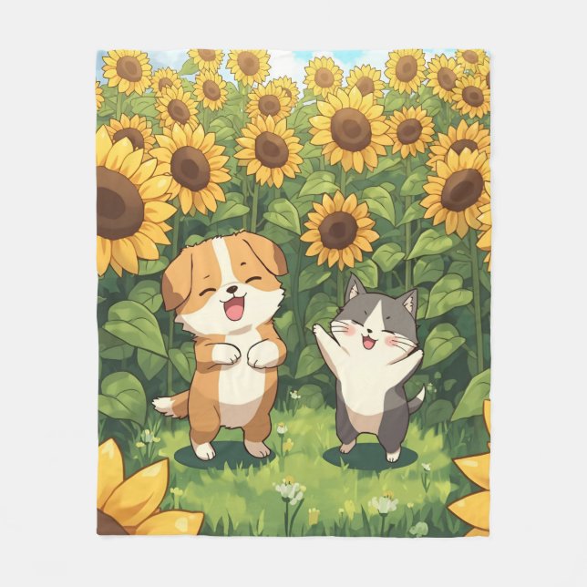 Cute Cat and Dog Sunflower Fleece Blanket (Front)