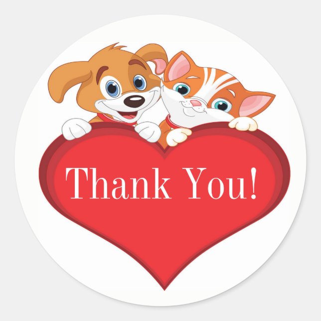 Cute Cat and Dog with Heart Thank You Classic Round Sticker (Front)