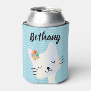Cute Cat and Flowers Dotty Personalised  Can Cooler