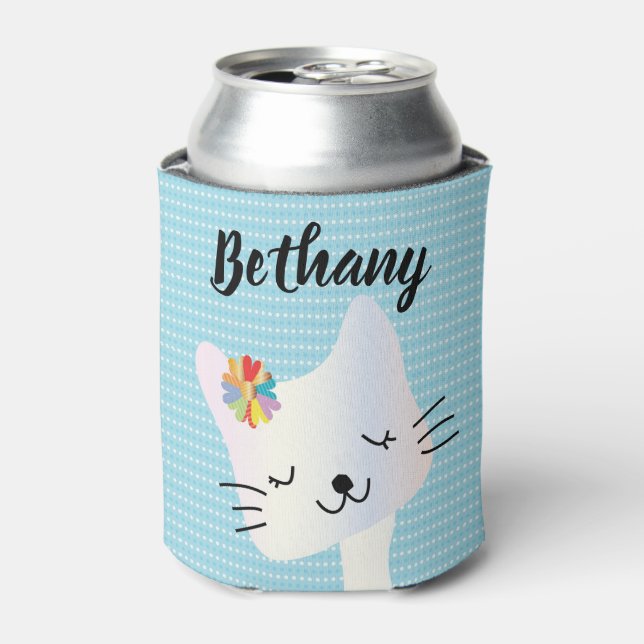 Cute Cat and Flowers Dotty Personalised  Can Cooler (Can Front)