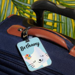 Cute Cat and Flowers Dotty Personalised Luggage Tag<br><div class="desc">Sweet smiley cat face on pastel dotty background.</div>