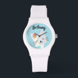 Cute Cat and Flowers Dotty Personalised Watch<br><div class="desc">Sweet smiley cat face on pastel dotty background.</div>