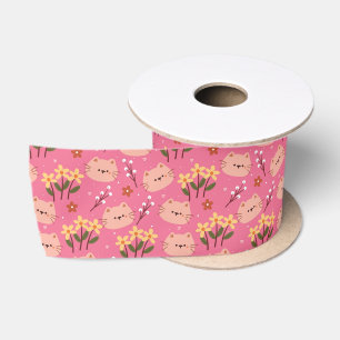 Cute Cat and Flowers Satin Ribbon