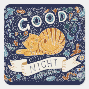 Cute cat and flowers with good night lettering square sticker