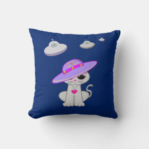 Cute Cat and Flying Saucers Throw Pillow