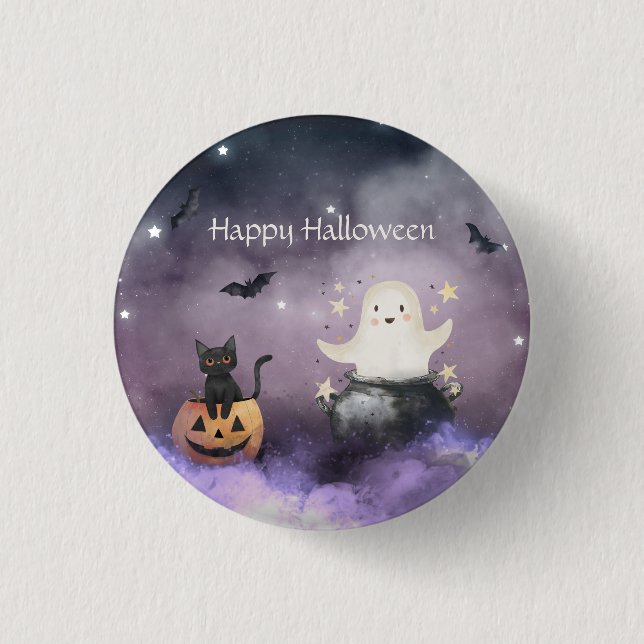 Cute Cat and Ghost Halloween 1 Inch Round Button (Front)
