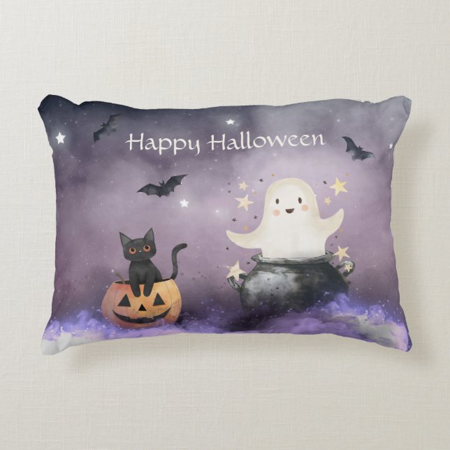 Cute Cat and Ghost Halloween Accent Pillow (Front)