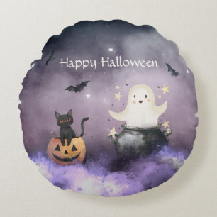 Cute Cat and Ghost Halloween Round Pillow