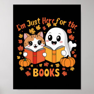 Cute Cat And Ghost Reading Halloween Books Scene  Poster