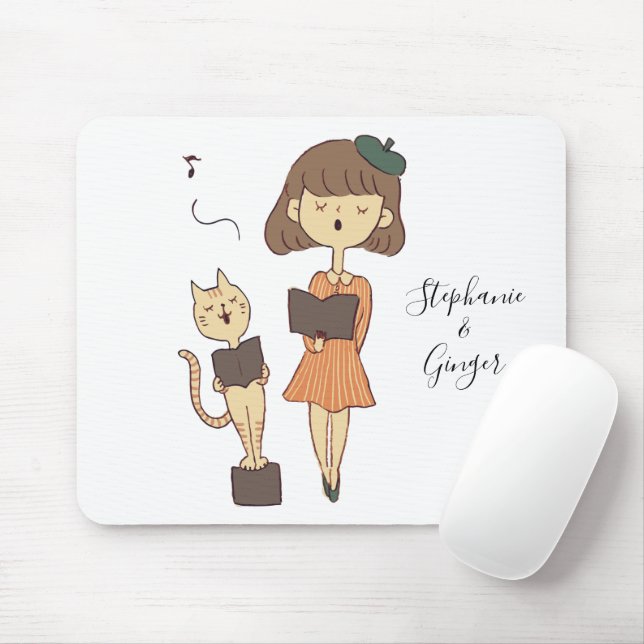 Cute Cat And Girl Singing Personalized Mouse Pad (With Mouse)