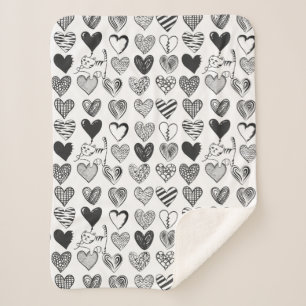Cute Cat and Heart Black and White Pattern Sherpa Blanket