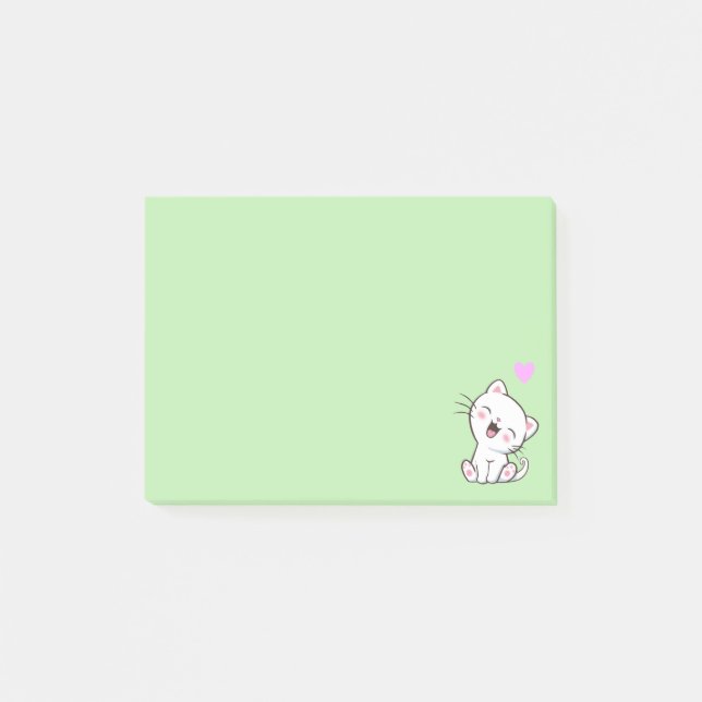Cute Cat and Heart on Light Green Post-it Notes (Front)