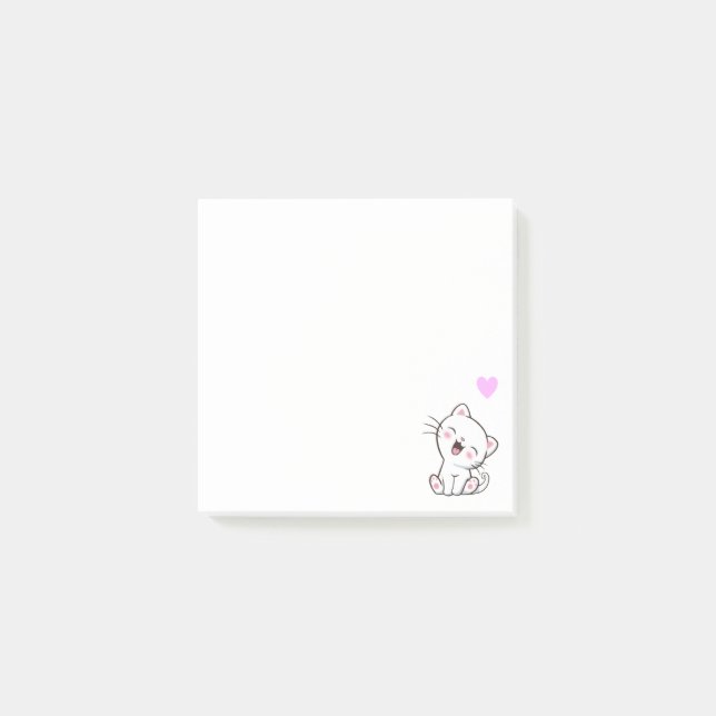Cute Cat and Heart on White Post-it Notes (Front)