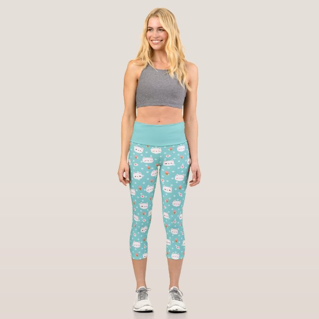 Cute Cat and Ice Cream Pattern Capri Leggings (Front)