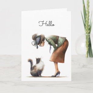 Cute Cat and Lady Whimsical Hello Greeting Card