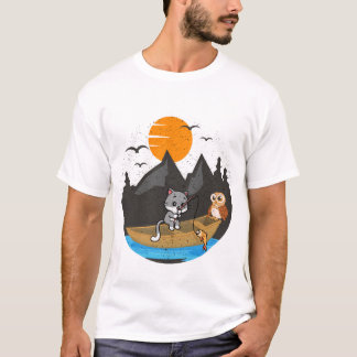 Cute Cat And Owl Fishing Boat Nature Art T-Shirt