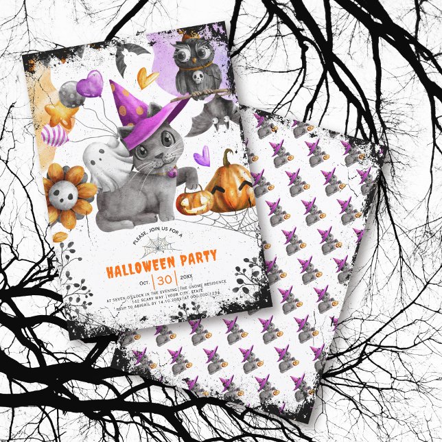 Cute cat and owl Halloween party invitation (Creator Uploaded)
