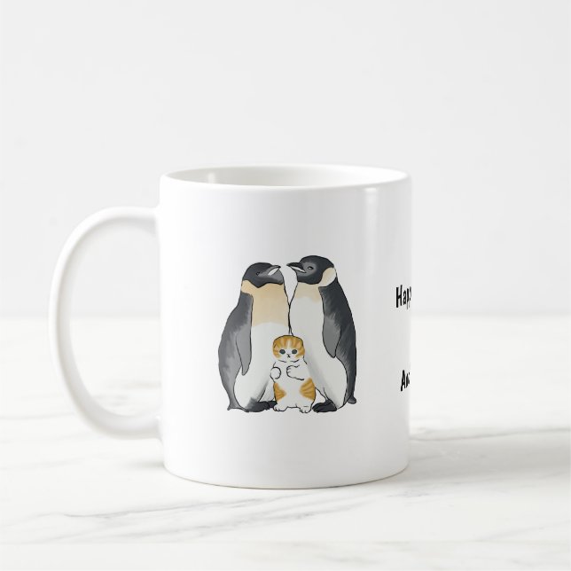 Cute Cat and Penguin, For Cat Lover Coffee Mug (Left)
