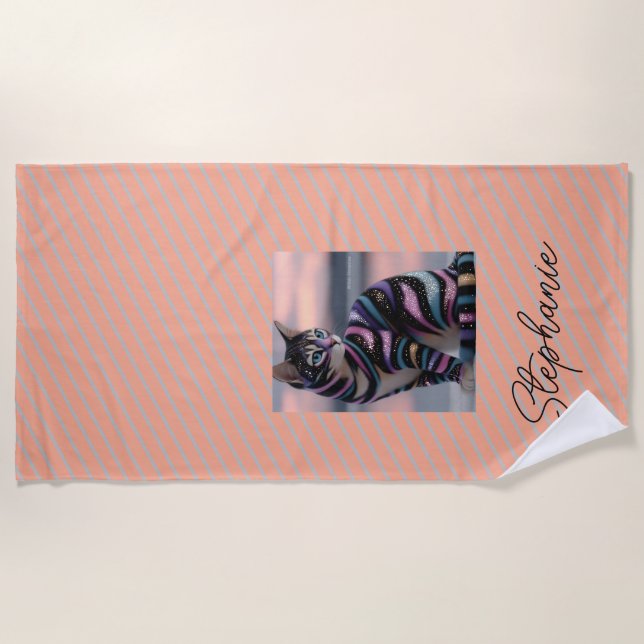 Cute Cat and Personalized Name Design Beach Towel (Front)