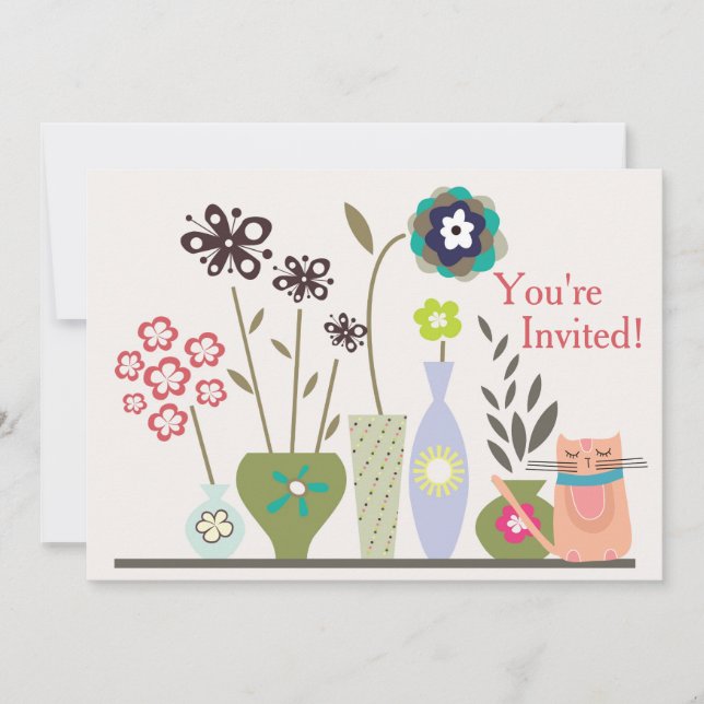 Cute Cat and Potted Flowers Baby Shower Invitation (Front)