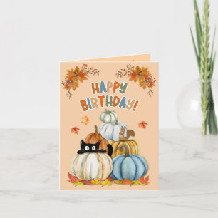 Cute Cat and Pumpkins Fall/Halloween Birthday Holiday Card
