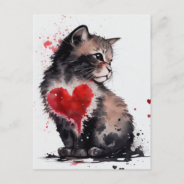 Cute cat and red heart watercolor love card   (Front)