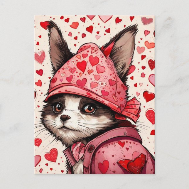 Cute cat and red hearts  postcard (Front)
