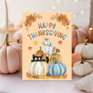 Cute Cat and Retro Pumpkins Happy Thanksgiving Card