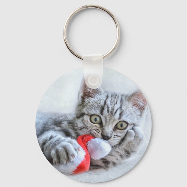 Cute Cat and Santa Claus Hat Keychain (Front)
