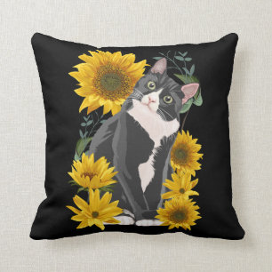 Cute Cat and Sunflowers Garden Feline Love Throw Pillow