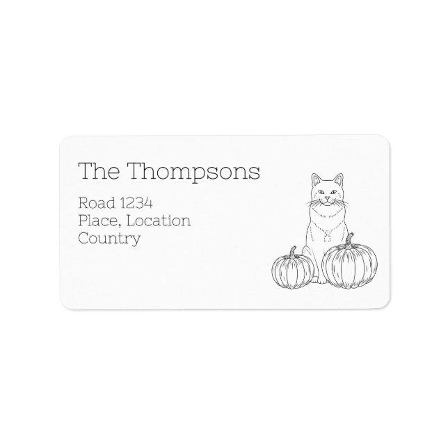 Cute Cat And Two Festive Pumpkins Autumn Line Art Label (Front)