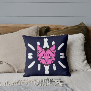 Cute Cat And White Stripe On Modern Deep Navy Throw Pillow