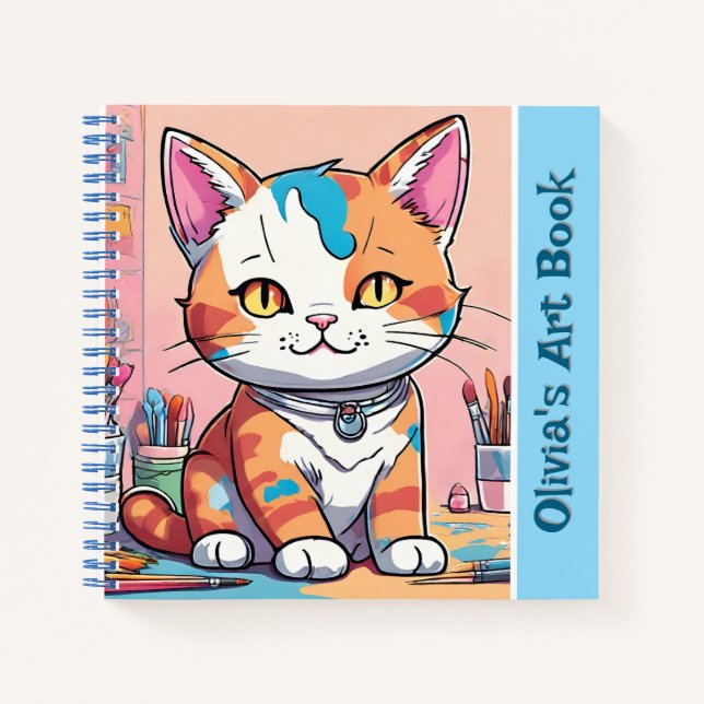 Cute Cat Art Sketchbook Pink Blue Spiral Notebook (Front)